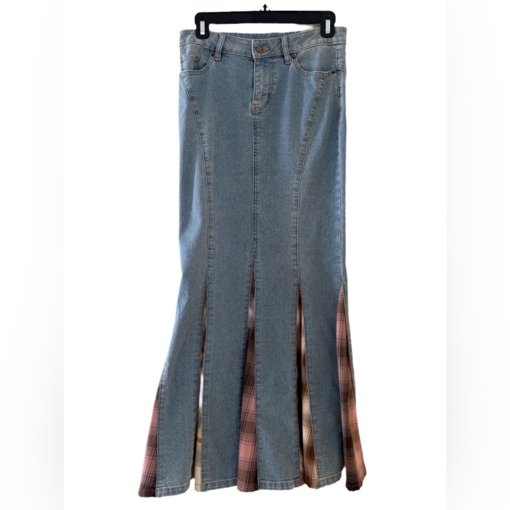 Denim Maxi Mermaid Skirt with Plaid Pleats